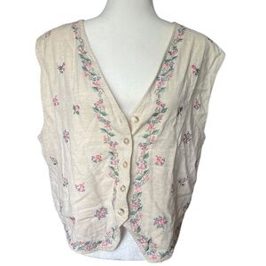 Vintage Floral Needlepoint Cottagecore Vest Cotton/Linen XL (18)